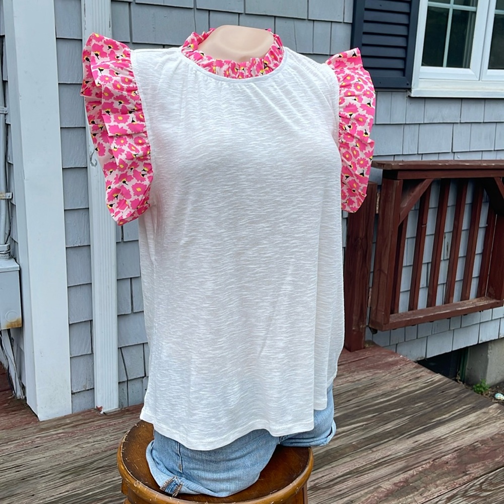 THML White Blouse with Pink Floral Ruffle Sleeves and Neck Trim